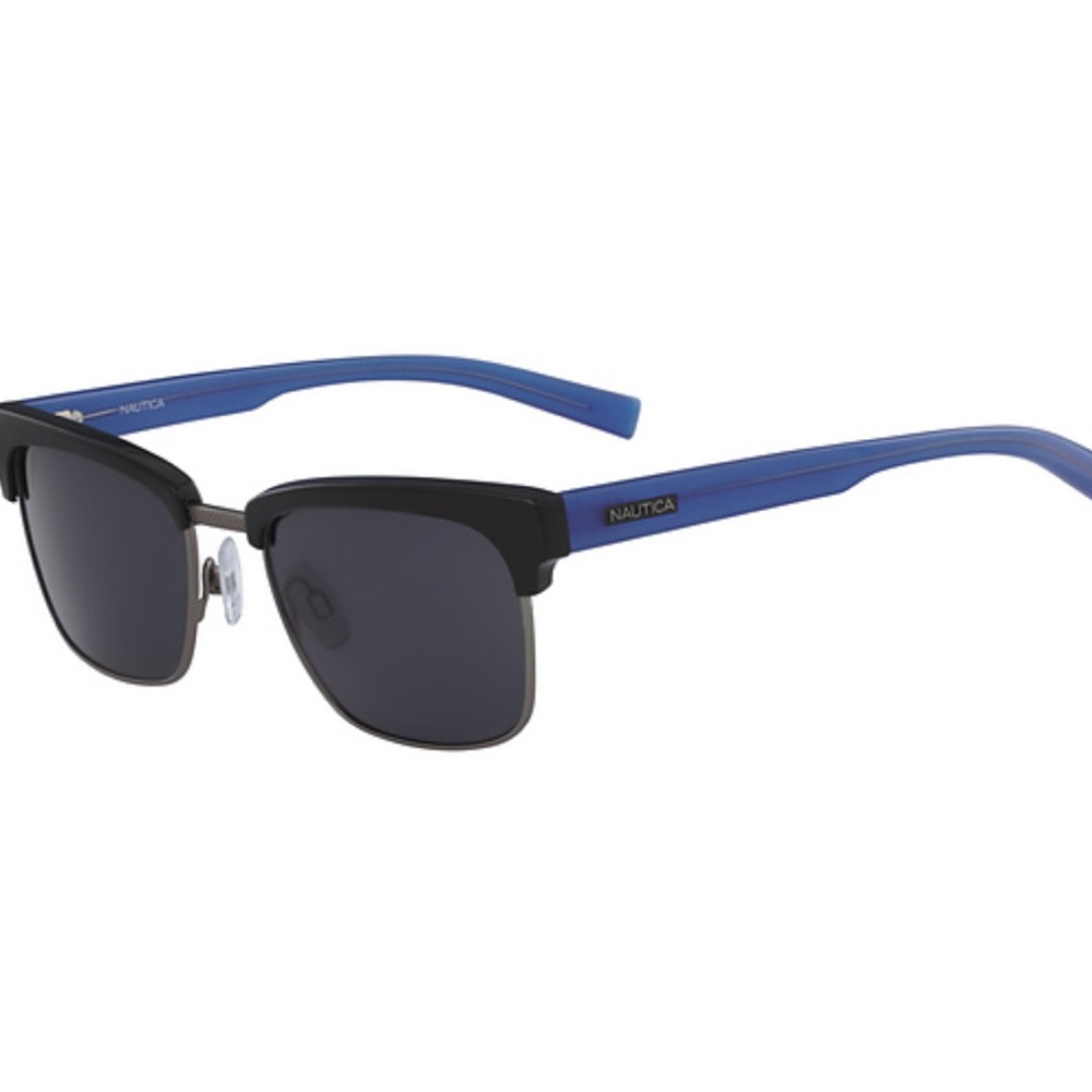 Nautica Black Frame Sunglasses with Blue Arms, case, and cleaning cloth